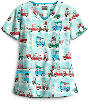 Butter-Soft Traveling with Santa Aqua Moon Women's 3-Pocket Criss Cross Print Scrub Top