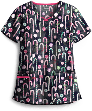 Butter-Soft Winter Candy Black Printed Women's 3-Pocket Criss Cross Scrub Top