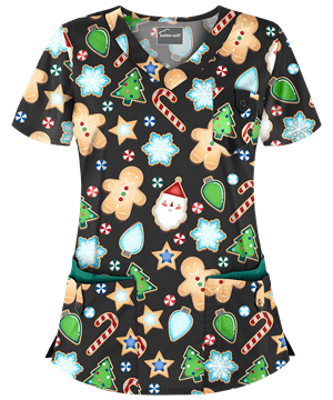 Butter-Soft Winter Cookies Black Printed Women's 5-Pocket Rounded V-Neck Scrub Top