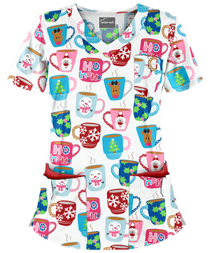Butter-Soft Holiday Mugs White Printed Women's 5-Pocket Rounded V-Neck Scrub Top