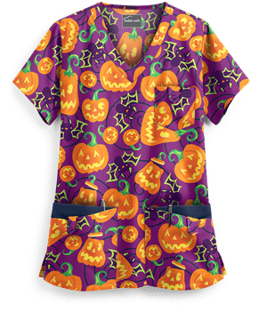 Butter-Soft Smiling Jack-o'-lanterns Berry Burst Women's 5-Pocket Rounded V-Neck Print Scrub Top
