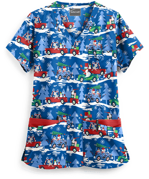 Butter-Soft Traveling with Santa Royal Women's 5-Pocket Rounded V-Neck Print Scrub Top