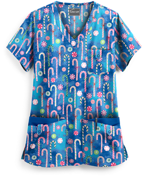 Butter-Soft Winter Candy Royal Women's 5-Pocket Rounded V-Neck Print Scrub Top