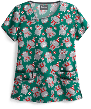Butter-Soft Holiday Monsters Hunter Women's 4-Pocket Asymmetrical Print Scrub Top