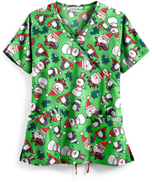 UA Christmas with Santa Gecko Women's 2-Pocket Mock Wrap Print Scrub Top