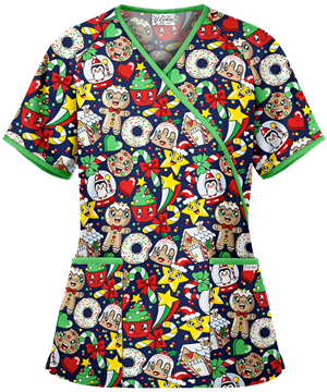 UA Best Buy Scrubs Christmas Cookies Navy Women's 2-Pocket Mock Wrap Print Top