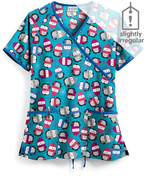 UA Winter Penguins Turquoise Women's 2-Pocket Mock Wrap Print Scrub Top **Slightly IRREGULAR**