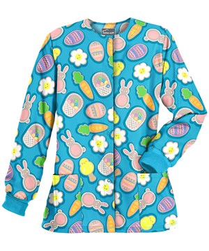 Butter-Soft Easter Cookies Turquoise Women's 2-Pocket Warm Up Print Scrub Jacket
