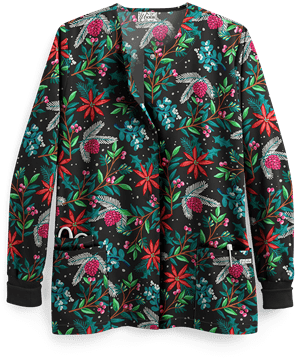 UA Poinsettia Garden Black Printed Women's 2-Pocket Snap Front Closure Scrub Jacket