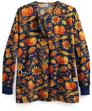 UA Rustic Thanksgiving Navy Women's 2-Pocket Snap Front Closure Print Scrub Jacket