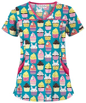UA Easter Treats Turquoise Women's 4-Pocket Princess Seam Print Scrub Top