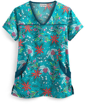 UA Poinsettia Garden Turquoise Women's 4-Pocket Princess Seam Print Top