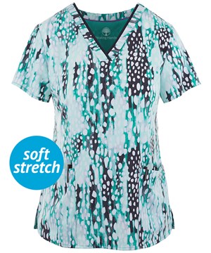 Healing Hands by Purple Label Amanda Crystal Droplets Women's 3-Pocket V-Neck Print Scrub Top