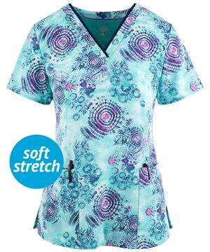Healing Hands by Purple Label Amanda Hand Tied Dyed Women's 3-Pocket V-Neck Scrub Print Top 