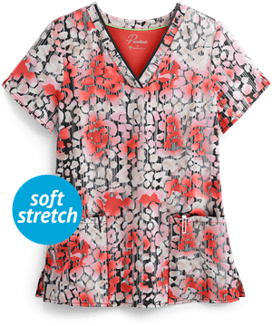 Healing Hands Premiere Sunset Orange Amanda Textured Skin Women's 3-Pocket V-Neck Print Scrub Top