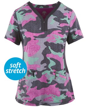 Healing Hands by Purple Label Jessi Camouflage Women's 2-Pocket Y-Neck Zip Print Scrub Top