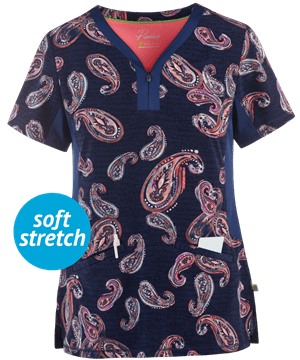 Healing Hands Premiere Starburst Endless Paisley Women's 3-Pocket Y-Neck STRETCH Print Scrub Top