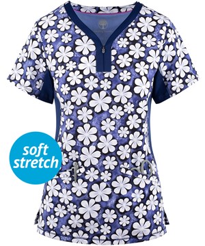 Healing Hands by Purple Label Jessi Just Daisies Yoga Women's 3-Pocket Zip Y Neck Print Scrub Top 