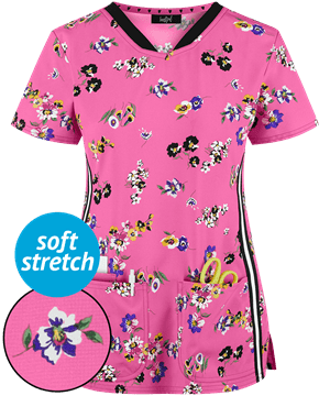 heartsoul Shaped Flowering Fields Women's 3-Pocket V-Neck Print Scrub Top