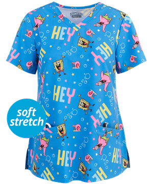 Spongebob Square Women's 2-Pocket V-Neck Print Scrub Top
