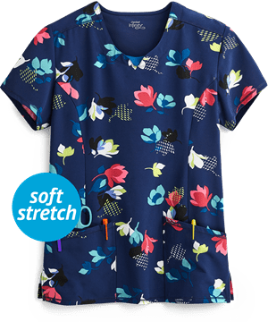 Cherokee Infinity Two Tone Tulip Women's 3-Pocket V-Neck Print Scrub Top