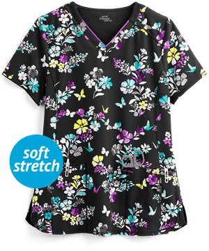 Cherokee Infinity Butterfly Bouquets Women's 2-Pocket V-Neck Print Scrub Top