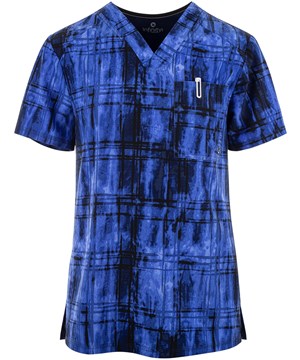 Cherokee Infinity Plaid Tie Dye Men's 1-Pocket STRETCH V-Neck Print Scrub Top