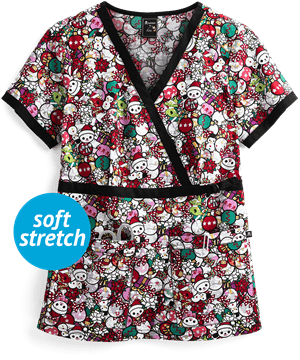 koi Tokidoki Holiday Unicorno STRETCH Luna Women's 2-Pocket Mock Wrap Print Scrub Top 