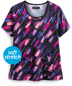 koi Lite™ Diagonal Squiggle Women's 2-Pocket Asymmetric Print Scrub Top