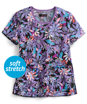 koi Lite™ Lola Summer Blooms Women's 2-Pocket Asymmetric Print Scrub Top