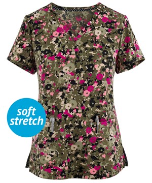 koi Next Gen Early Energy Dainty Camo Women's 2-Pocket V-Neck Print Scrub Top