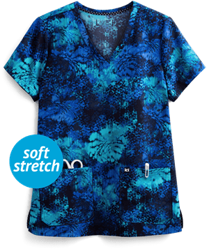 koi Next Gen Ikat Floral Early Energy Women's 2-Pocket V-Neck Print Scrub Top