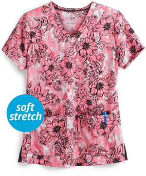 koi Next Gen Early Energy Watercolor Botanicals Women's 2-Pocket V-Neck Print Scrub Top
