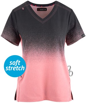koi Basics Cali Charcoal/Heather Soft Pink Women's 2-Pocket V-Neck Print Scrub Top 