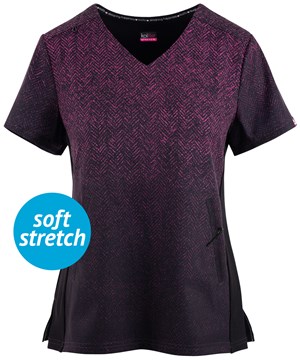 koi lite STRETCH Passion Herringbone Raspberry Ombre Women's 2-Pocket V-Neck Print Scrub Top