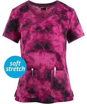 koi lite Stretch Raquel Heather Raspberry Tie Dye Women's 2-Pocket V-Neck Print Scrub Top