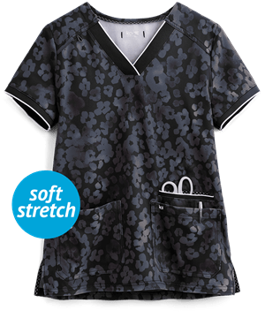 koi Next Gen Tonal Cheetah Charcoal Women's 3-Pocket V-Neck STRETCH Print Scrub Top