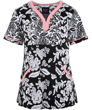 koi STRETCH Lennon Woodblack Floral Women's 4-Pocket Y-Neck Print Scrub Top