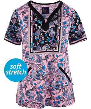 koi STRETCH Luisa Enchanted Garden Women's 4-Pocket Y-Neck Print Scrub Top 