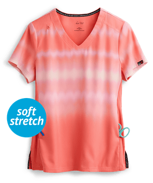 koi Lite™ Reform Wavy Ombre Coral/ More Pink Women's 2-Pocket V-Neck Print Scrub Top