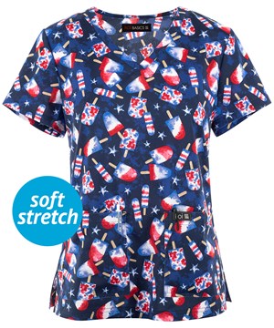 koi Basics American Pop Women's 2-pocket STRETCH V-Neck Print Scrub Top