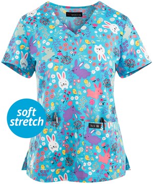 koi Basics Leslie Chicks and Bunnies Women's 2-Pocket V-Neck Print Scrub Top