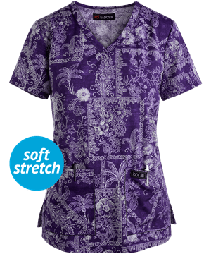Koi Basics Denim Patch Women's 2-Pocket V-Neck Print Scrub Top