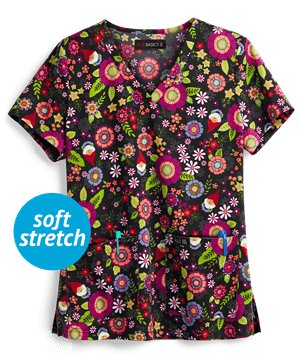koi Basics Leslie Garden Gnomes Women's 2-Pocket V-Neck Print Scrub Top
