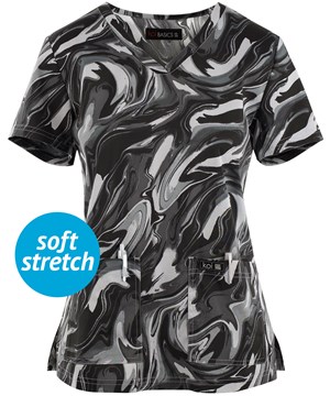 koi Basics Leslie Platinum Grey All Over Marble Women's 2-Pocket V-Neck Print Scrub Top 