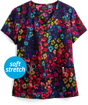 koi Basics Multi Cheetah Women's 2-Pocket V-Neck Print Scrub Top