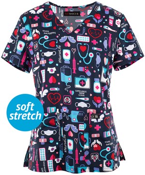 koi Basics Nurse Life Women's 2-pocket STRETCH V-Neck Print Scrub Top