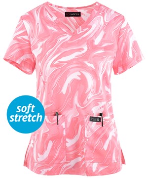 koi Basics Leslie Soft Pink All Over Marble Women's 2-Pocket V-Neck Print Scrub Top