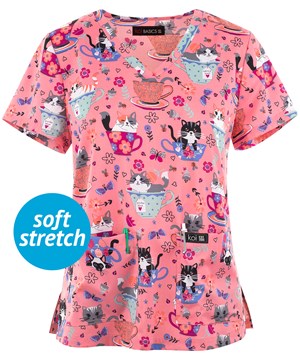 koi Basics Teacup Kitty Women's 2-pocket STRETCH V-Neck Print Scrub Top