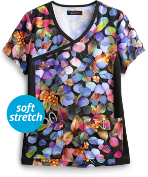 Koi Lite Autumn Foilage Women's 2-Pocket Mock Wrap STRETCH Print Scrub Top